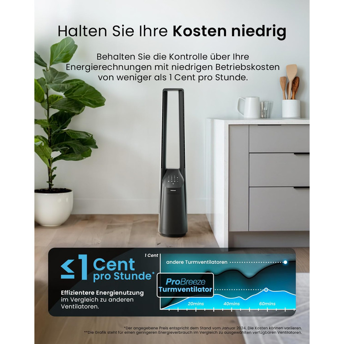 Pro Breeze Вентилятор без лопатей 101 см з LED дисплеєм та пультом - 6 швидкостей, 5 режимів, авто-коливання 60°, таймер 7 годин, чорний