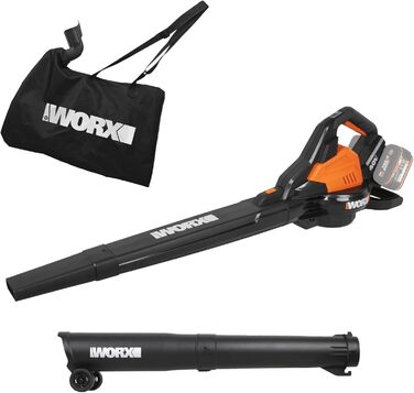 WORX WG505E Trivac: електроприлад 3-в-1 - повітродувка, пилосос та мульчер. Потужність 3000 Вт, швидкість повітря 335 км/год, об'єм всмоктування 600 м³/год, з мішком для збору листя 45 л.