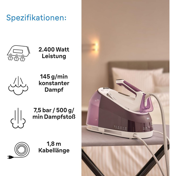 Парова система прасування Braun CareStyle 5 IS5247VI з технологією FreeGlide 3D, 2400 Вт, вертикальне прасування, резервуар 2 л, фіолетовий