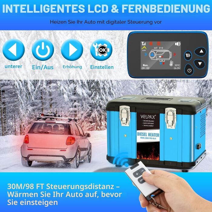Автономний дизельний обігрівач VELPAX All in One 8кВт, 12V/24V/220V з Bluetooth, LCD-дисплеєм та пультом керування для кемпера, автобудинку та причепа