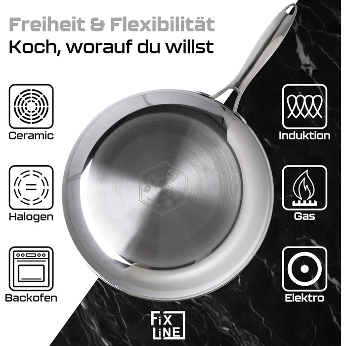Сковорода FIXLINE 28 см Black Forest, антипригарна, високі борти 6,5 см, для всіх типів плит та індукції, підходить для духовки до 230°C, ідеально для подарунка