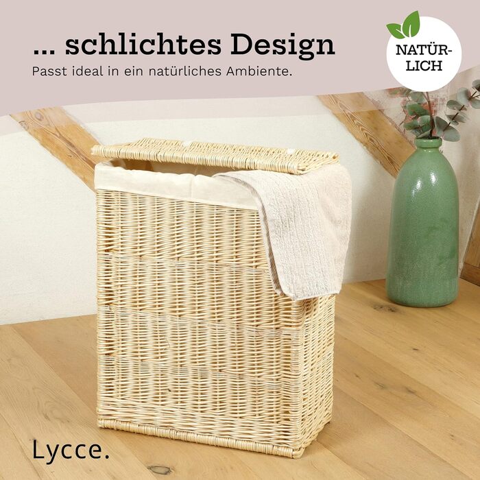 Кошик для білизни Lycce з кришкою 60 л, вузький, плетений з лози, для зберігання білизни в нішах, натуральний колір