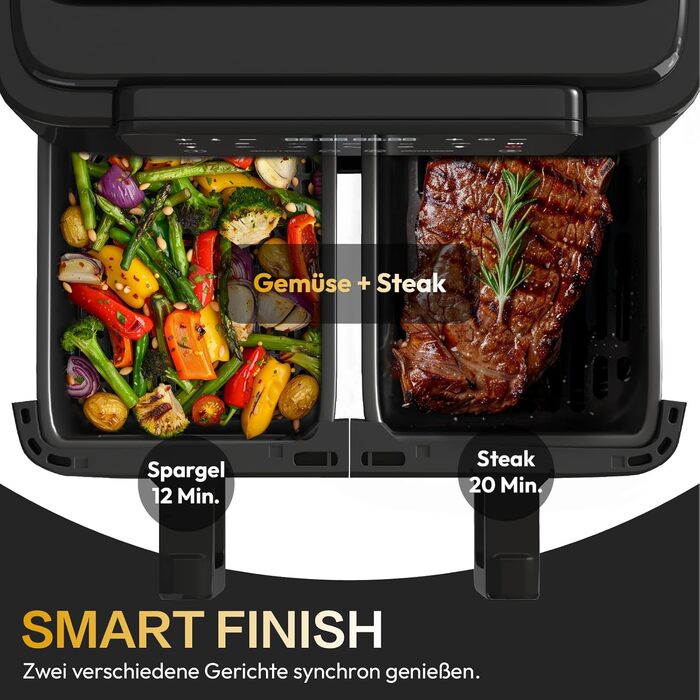 Аерофритюрниця LLIVEKIT 9L з двома камерами (4.5L+4.5L) та вікном перегляду, мультипіч 9-в-1 з сенсорним керуванням та таймером, чорна