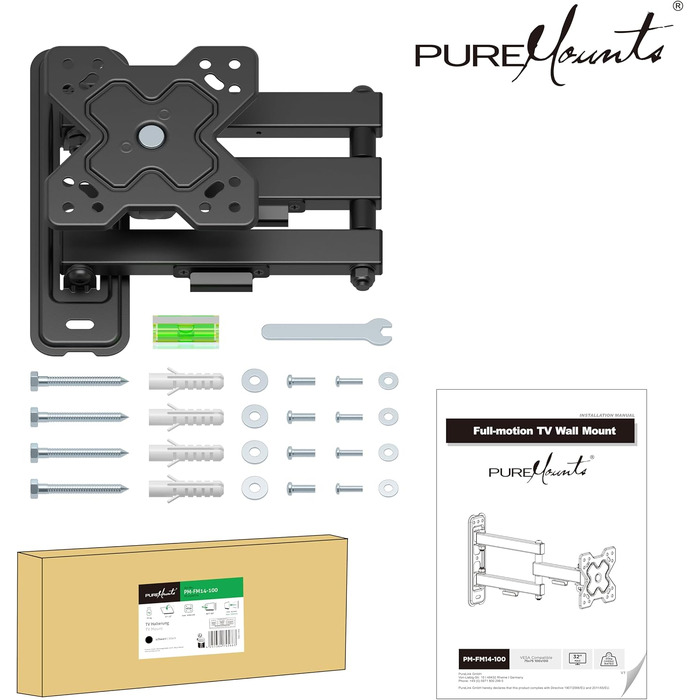 Настінний кронштейн для ТБ та монітора PureMounts, поворотний та нахильний, VESA 100x100 мм, для екранів 13-32 дюйми, до 20 кг, чорний