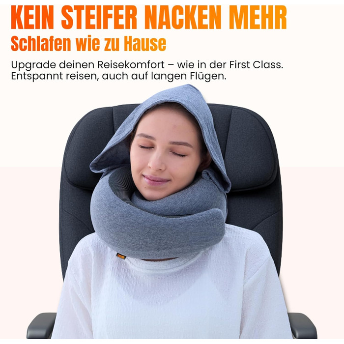 Подорожня подушка для шиї з капюшоном з ефектом пам'яті (Memory Foam) для літака, авто та поїздок, 100% бавовна, світло-сіра (Hooded Pro)