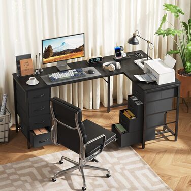 Кутовий стіл YOUDENOVA 150x100 см з шухлядами, розеткою та USB-зарядом, чорний. Стол L-подібний з місцем для зберігання