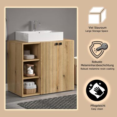 Тумба під раковину на колесахх trendteam PureBliss, 80x64x42 см, дуб Evoke, з 2 відкритими полицями та металевими ручками