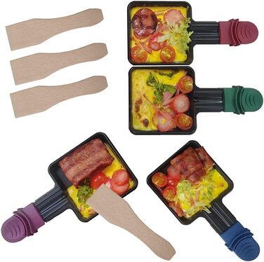 QcuGvy Poelon Raclette Carré, 4 шт. антипригарних міні-сковорідок для раклету з дерев'яними лопатками, ізольована ручка, для омлетів та плавленого сиру