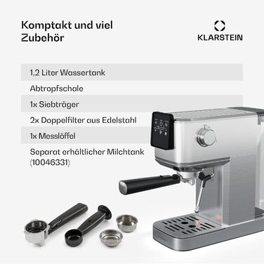 Кавоварка Klarstein SteelPresso Touch Slim з холдером, 20 бар, 1350 Вт, 1,2 л, нержавійка, компактна, цифрове управління, легке очищення, парова насадка