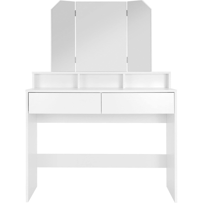Білий туалетний столик ML-Design з трисекційним дзеркалом, 2 шухлядами та 3 відкритими полицями, 100x40x140 см, сучасний косметичний стіл