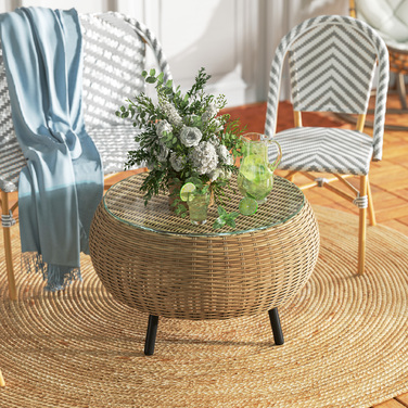 Outsunny Poly Rattan Бічний столик Круглий журнальний столик Журнальний столик зі скляною стільницею Балконний стіл Садовий стіл Диванний стіл Чайний столик Ротанговий стіл для саду Патіо Балкон, Ø75 x 42 см Коричневий