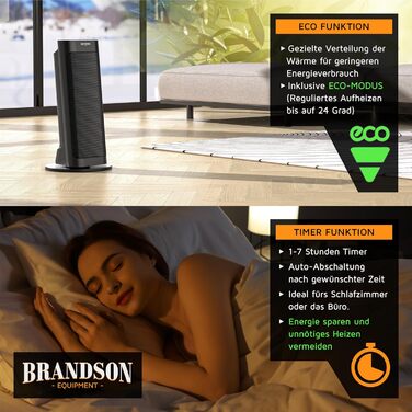 Електричний керамічний обігрівач Brandson, енергозберігаючий, тихий, з дистанційним керуванням, термостатом, захистом від перегріву, для ванної, спальні, вітальні, чорний