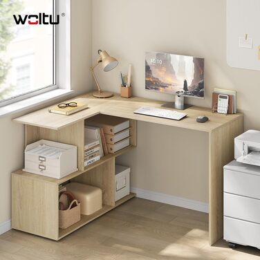 Кутовий письмовий стіл WOLTU L-подібний з полицями для зберігання, колір світлий дуб