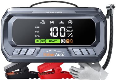 Бустерний пускач YaberAuto з компресором 160 PSI, 8000A Powerbank для авто (бензин та дизель до 12.0L), PD 65W, ліхтарик 600 лмен та LCD-дисплей