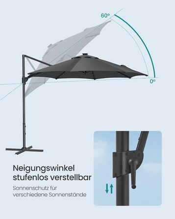 Парасоля SONGMICS для саду, 300 см, ампельна, 28 сонячних LED, UPF 50+, регулювання кута, 360° обертання, сірий
