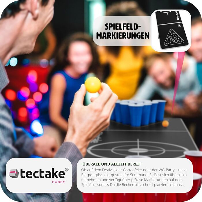 Стіл для Beer Pong tectake, складаний, висота регулюється, з ручками, набір 100 стаканів (50 червоних, 50 синіх) та 6 м'ячів, ігровий стіл для вечірок, пивний понг для дорослих