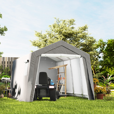 Outsunny Garden Shed з двосхилим дахом Водонепроникний садовий намет з дверима, вікнами, антипиловим покриттям для велосипеда, фольгований садовий сарай Велосипедний гараж для саду патіо, 300 x 447 x 255 см, світло-сірий