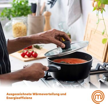 Каструля MasterChef з антипригарним покриттям та скляною кришкою, 20 см, алюмінієва, індукційна, універсальна для всіх типів плит, чорна, для супу та макаронів, колекція Aluminum Essentials