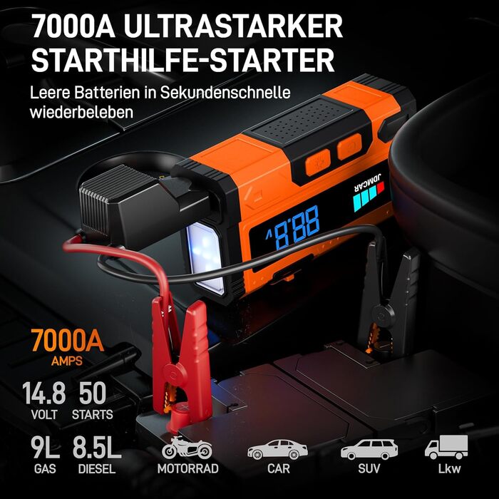 Powerbank для авто Starthilfe 7000A-JDMCAR: пускова станція, LCD екран, LED ліхтарик