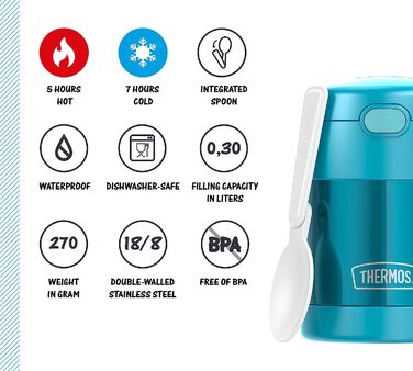 Дитячий термос для їжі THERMOS FUNTAINER 0,3 л, бірюзовий, з ложкою, для супу, мюслі, зберігає тепло 5 годин, холод 7 годин, герметичний