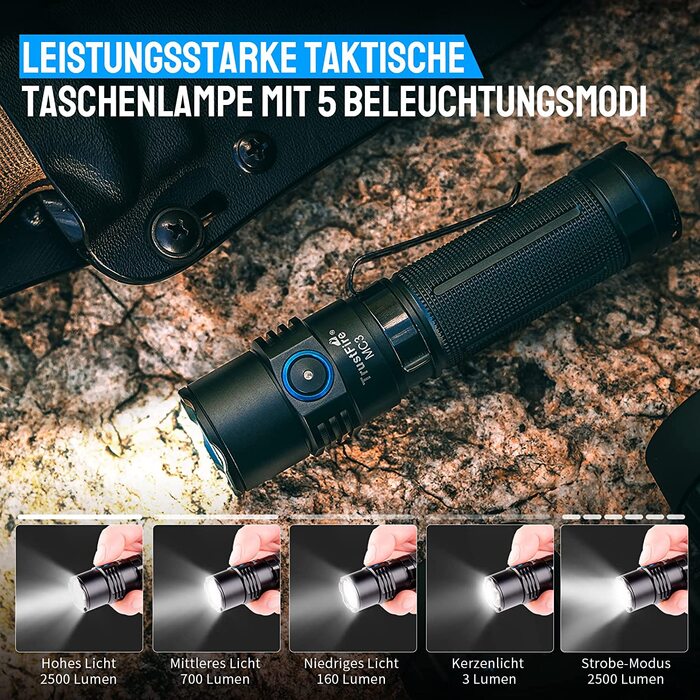 TrustFire LED ліхтарик MC3, надяскравий 2500 люмен, тактичний, IP68, акумулятор 21700, 5 режимів, міні-ліхтарик для полювання та надзвичайних ситуацій, чорний
