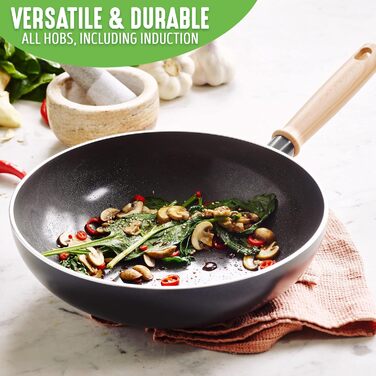 Wok GreenChef Vintage 24 см, 2,5 л, керамічний, антипригарний, PFAS-free, індукційний, дерев'яна ручка, для духовки, сірий
