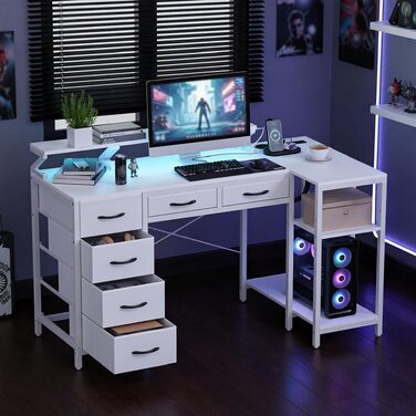 Кутовий письмовий стіл L-подібний з шухлядами, LED-підсвіткою, USB-портом та розеткою для комп'ютера, роботи та навчання, білий