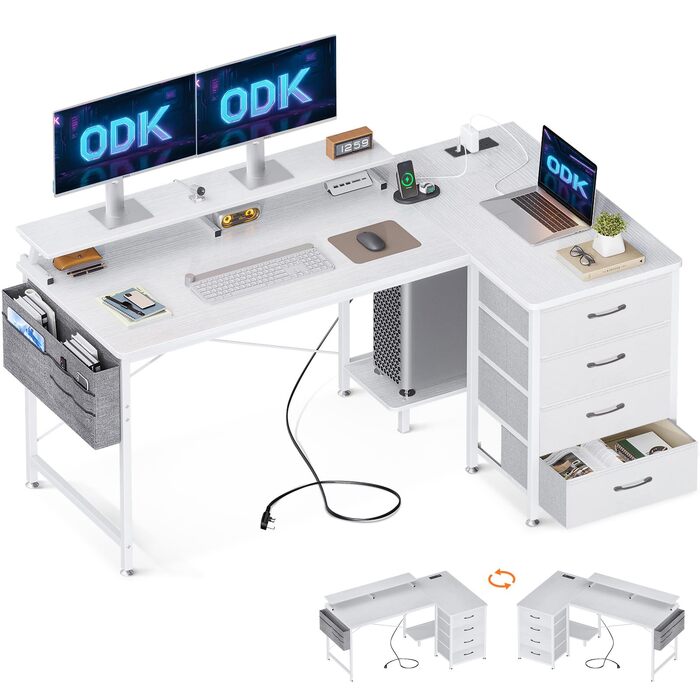 Кутовий комп'ютерний стіл ODK L-подібний (140x80 см), білий: з шухлядами, USB-портами, розеткою, підставкою для монітора та системного блока