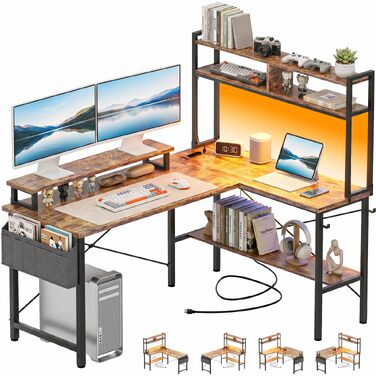 Ігровий стіл Homieasy L-подібний 124x90 см з LED-підсвіткою та розетками, рустикальний коричневий — реверсивний стіл з полицею, підставкою для монітора та сумкою, МДФ та метал