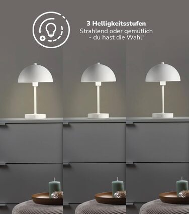 mokebo LED настільна лампа бездротова, акумуляторна, димована, USB-C, вінтажна квіткова лампа-гриб, нічник з білого металу з батареєю, тепле біле світло