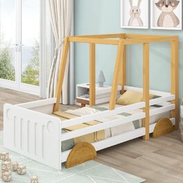 Дитяче ліжко-машинка Merax 90x200 см, з бортиками, ламелі, МДФ-колеса, каркас з сосни, біле + натуральне дерево, для хлопчиків і дівчаток