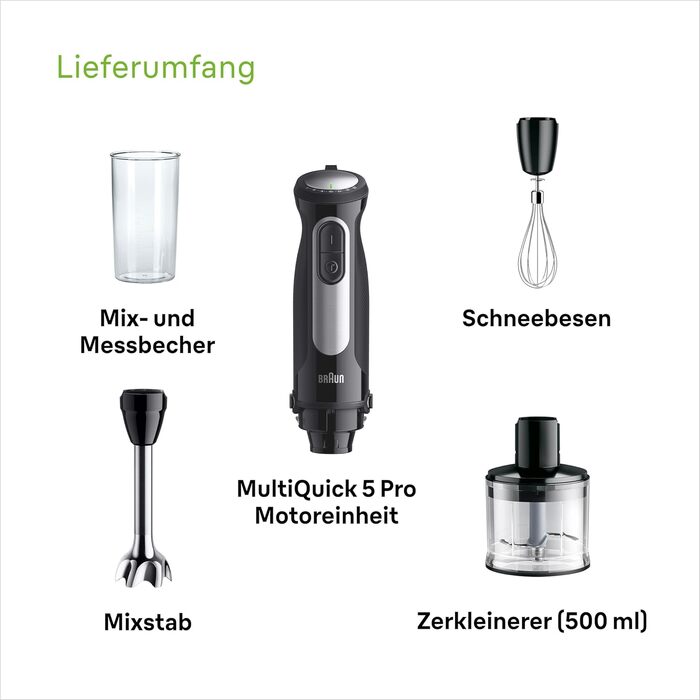Блендер занурювальний Braun MultiQuick 5 MQ 50236 (2024) – 1000 Вт, нержавіюча сталь, 21 швидкість + Turbo, EasyClick, SplashControl, набір насадок