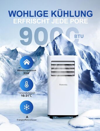 Мобільний кондиціонер 9000 BTU 4-в-1: охолодження, осушення, вентиляція, таймер на 24 год, білий