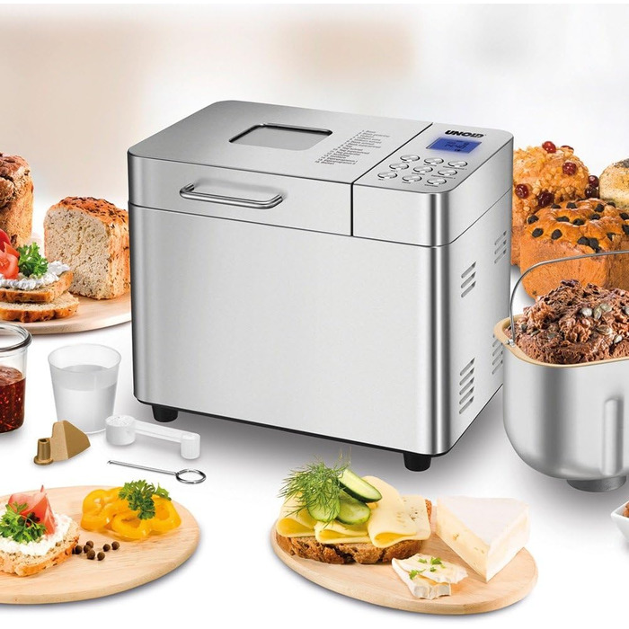 Хлібопіч Unold Backmeister Edel 68456, 550 Вт, 750-1000 г, керамічне покриття, 16 програм, для хліба, джему, тіста, LCD-дисплей, нерж. сталь