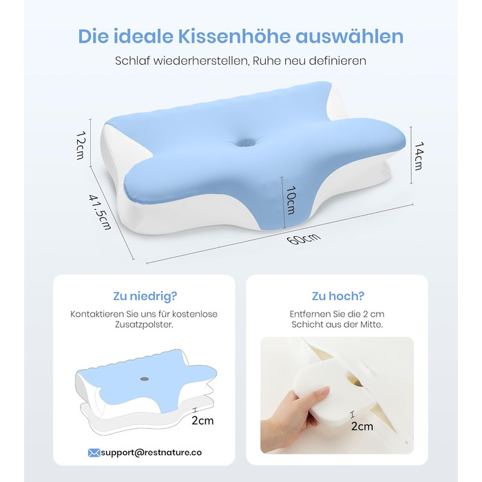 Ортопедична подушка з піни Memory Foam 2-в-1 для сну на боці, спині та животі, 60x41.5x10/12 см (Біло-синя)