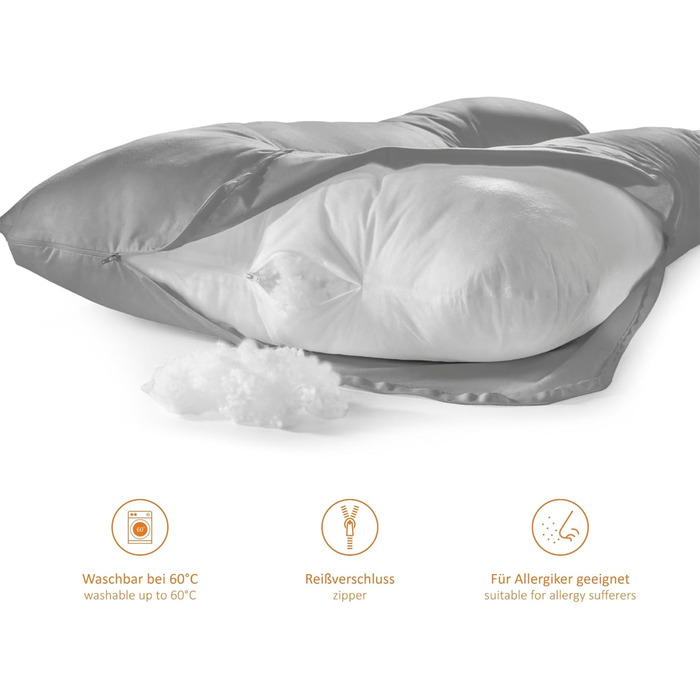 Подушка для вагітних Sleepling, подушка для сну на боці, Body Pillow U-подібної форми, сірий, 140 x 75 x 20 см, мікрофібра, знімний чохол, Ökotex, Made in EU