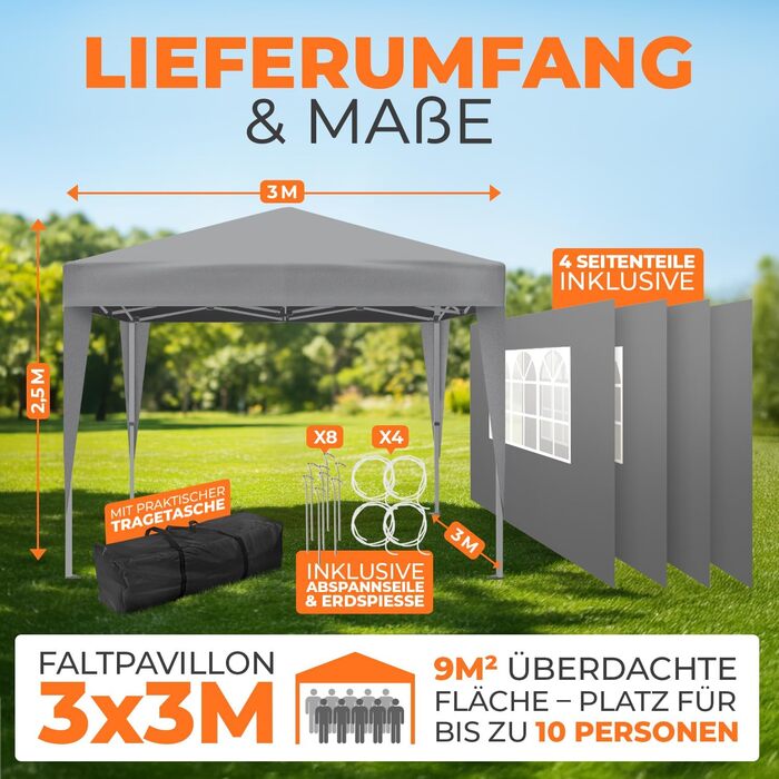Павільйон Kronenburg Faltpavillon 3x3 м, водонепроникний, UV захист 50+, з 4 боковими частинами, колір шампань