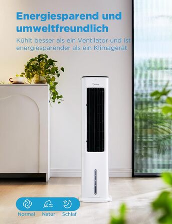 Мобільний кондиціонер Midea з водяним охолодженням, іонізацією та зволоженням, з резервуаром для води 5 л, 355 м³/год, без повітроводу, пульт, 55 Вт, білий