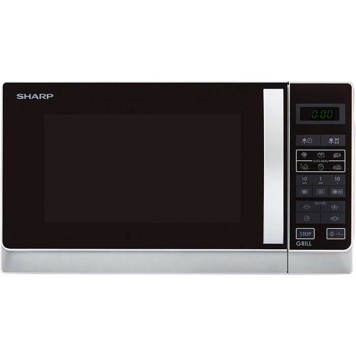 Мікрохвильова піч Sharp R642INW з грилем, 20 л, 800 Вт, 1000 Вт, 8 програм, таймер, захист від дітей, енергозбереження, скляний піддон 25,5 см, срібляста