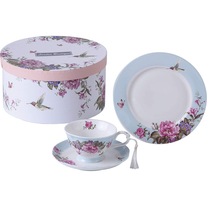 Чашка та блюдце з порцеляни Shabby Chic 19,1 см, десертна тарілка, синя, з пташкою, метеликом і квітами у подарунковій коробці, вінтажний стиль