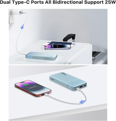 Power Bank NOBIS 10000mAh з цифровим дисплеєм, USB-C, швидка зарядка PD/QC, 25W, блакитний