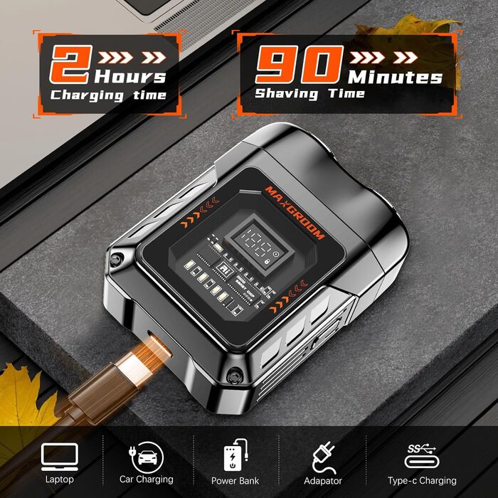 MAXGROOM Міні-бритва для чоловіків, електрична, волога та суха, портативна, з LED-дисплеєм, акумуляторна, USB Type-C, магнітні леза, чорна/сіра