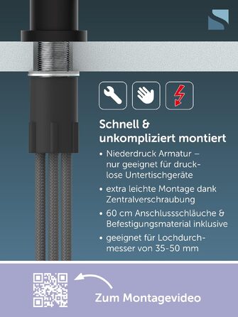 Змішувач кухонний SCHÜTTE Cornwall 79169 чорний, високий вилив, поворотний на 360°, для мийки, низький тиск