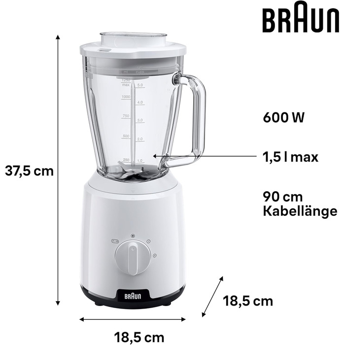 Блендер Braun PowerBlend 1 JB1050WH білий - скляна колба 1.5л, 600 Вт, подрібнювач, для смузі та льоду