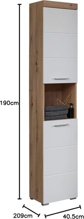 Високий шафа для ванної trendteam Amanda, 37x190x31 см, білий глянець з дубом, сучасний дизайн