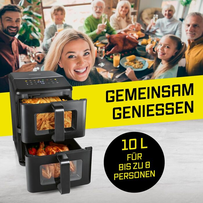 Аерофритюрниця GOURMETmaxx AirGenius 10Л з двома камерами по 5Л, сенсорним керуванням та 10 програмами приготування, подвійна чаша для родини до 8 осіб