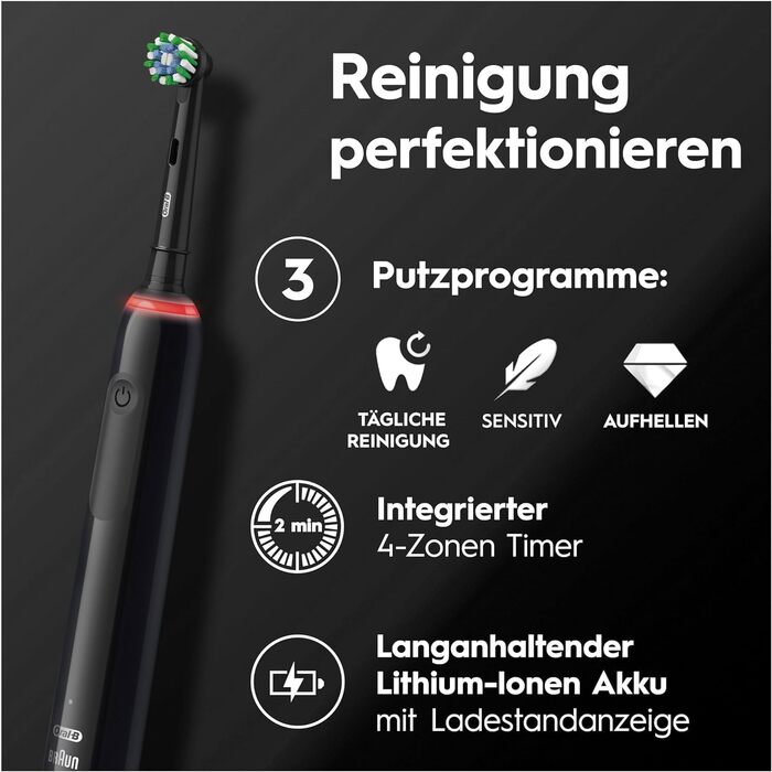 Електричні зубні щітки Oral-B Pro 3 3900, набір з 2 шт. та 3 змінними насадками, 3 режими чищення, 360° контроль тиску, White/Black