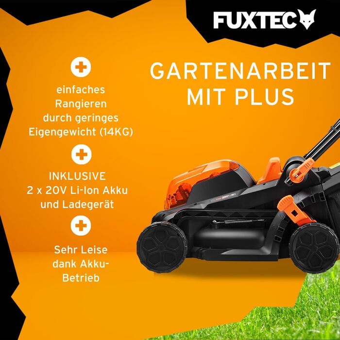 Акумуляторний газонокосарка FUXTEC 40V E1RM20 з 2x20V Li-Ion акумуляторами 2Ah та подвійним зарядним пристроєм – ширина зрізу 33 см, регульована висота зрізу