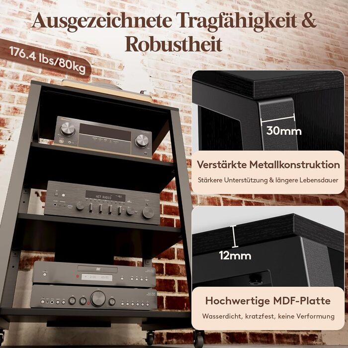 Polycote HiFi тумба з полицями на колесах, регульовані полиці, стійка для програвача з розетками та LED підсвіткою, коричнево-чорна, 60x55x90 см