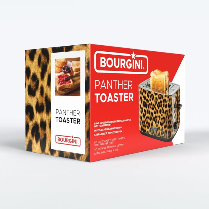 Тостер Bourgini Panther з пантерним принтом, 2 тостові слоти, широкі відділення, регулювання підсмажування, функції розморожування та підігріву, знімний піддон для крихт